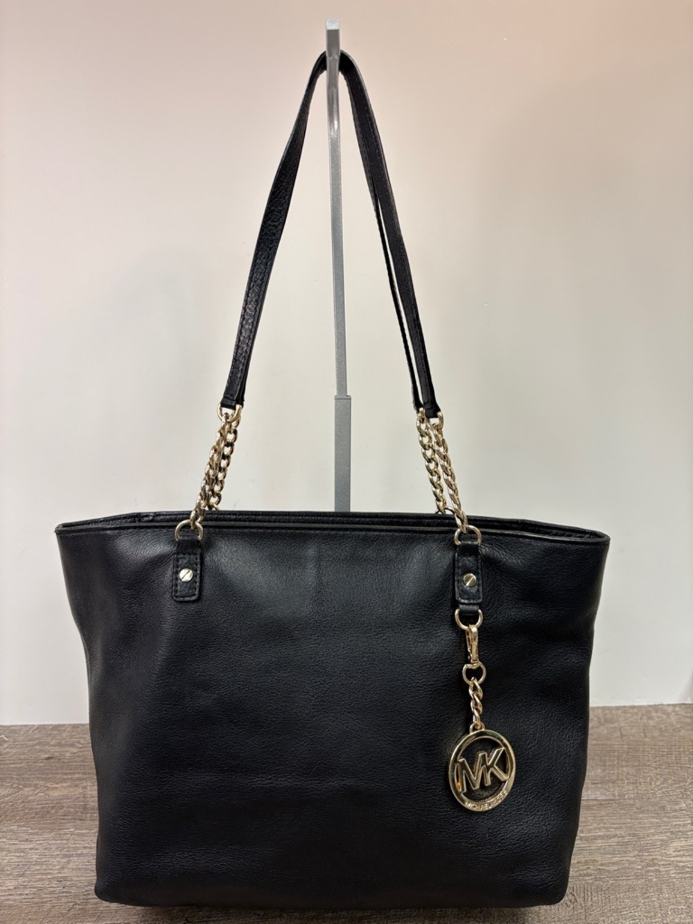 Michael Kors Black Leather Tote Shoulder Bag Gold MK Charm